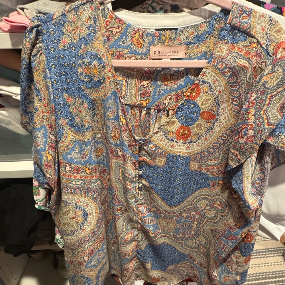 Philosophy Blue and Orange Relaxed Blouse with Mandarin Collar